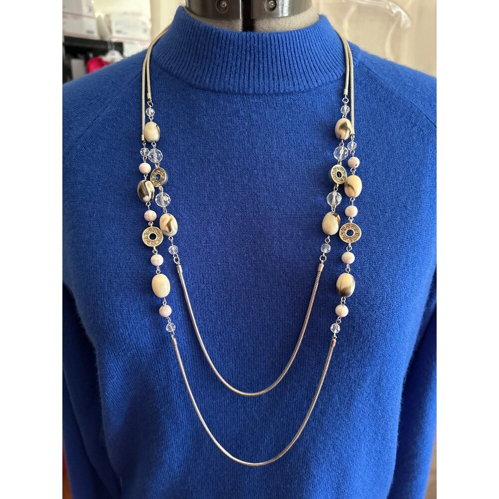 Ann Taylor Loft Beaded Double Strand Necklace Silver-Tone Marbled & Clear Beads